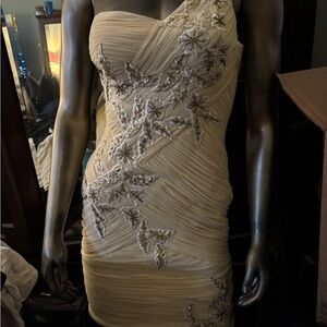 Elegant Sue Wong Nocturne Cream One-Shoulder Dress with Silver Embellishments